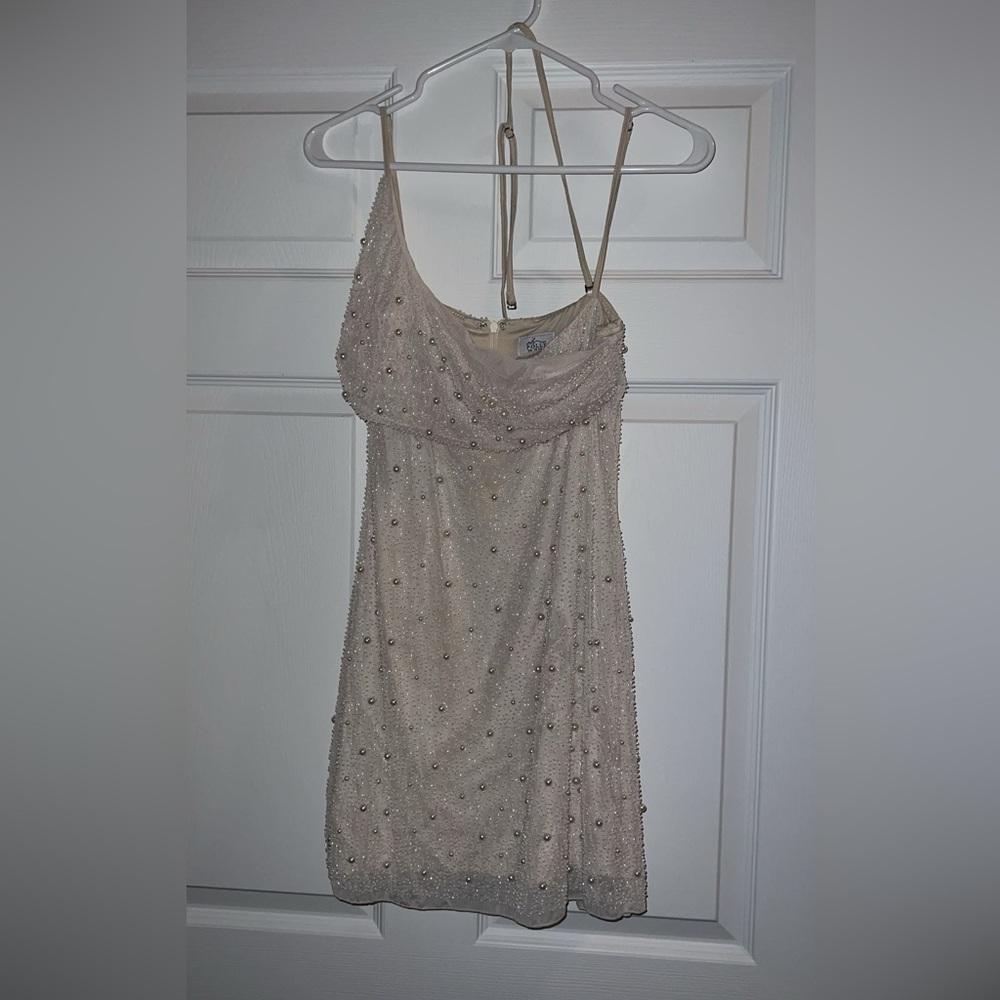 Oh Polly Pearl-Embellished Cream Mini Dress